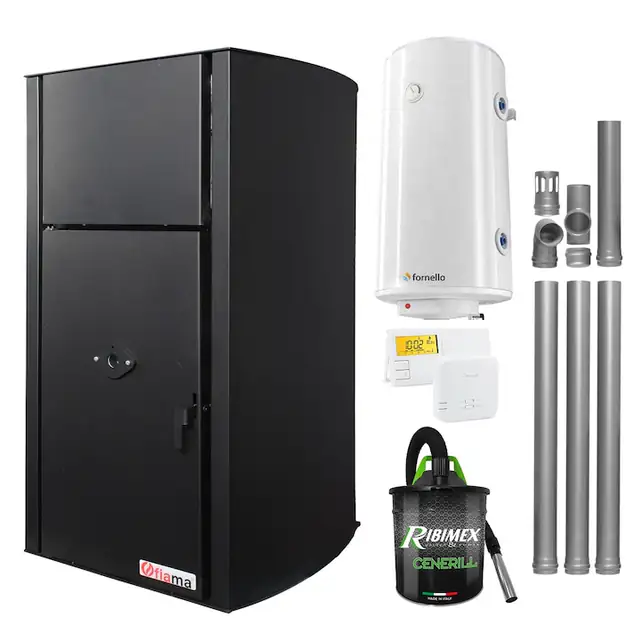 Set Centrala pe peleti Fiama Confort B 25 kw, complet echipata pentru incalzire, Pompa, Vas expansiune, Automatizare, Boiler 100 litri, Termostat, Aspirator Cenusa si Kit evacuare 3.5 ml