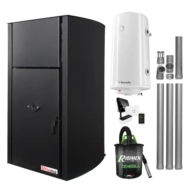 Set control de la distanta, Centrala pe peleti Fiama Confort B 25 kw, complet echipata pentru incalzire, Pompa, Vas expansiune, Automatizare, Boiler, Termostat, Aspirator si Kit evacuare 3.5 ml