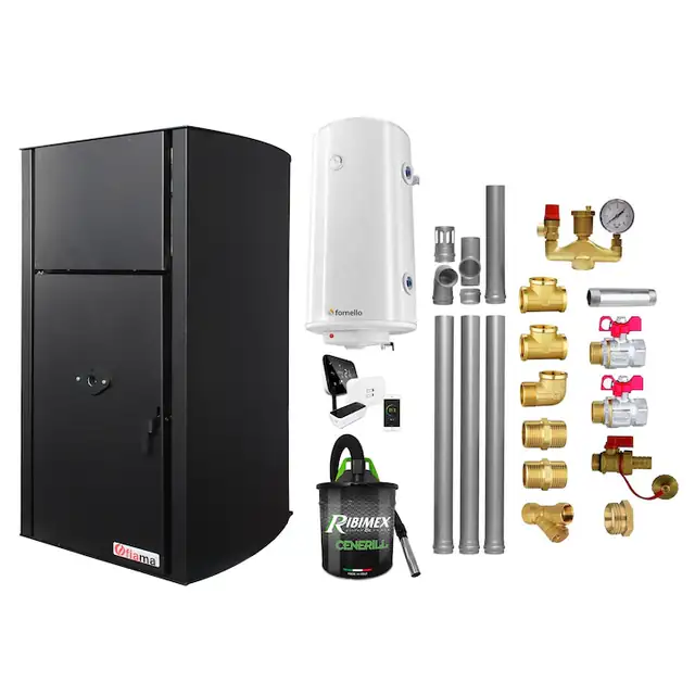 Set control de la distanta, Centrala pe peleti Fiama Confort B 25 kw, Pompa, Vas expansiune, Automatizare, Boiler 100 litri, Termostat, Aspirator, Kit evacuare 3.5 ml si Fitinguri