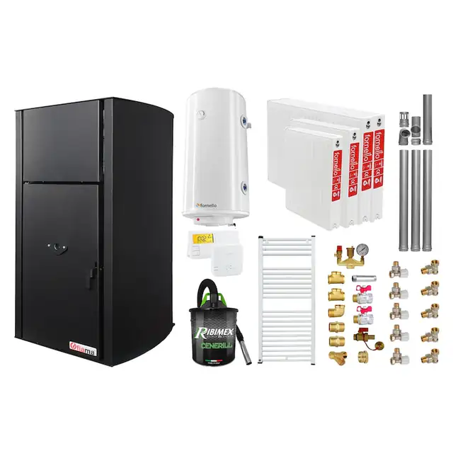 Set Centrala pe peleti Fiama Confort B 25 kw, complet echipata pentru incalzire, Pompa, Vas expansiune, Automatizare, Radiatoare otel, Boiler, Termostat, Aspirator, Kit 3.5 ml si Fitinguri