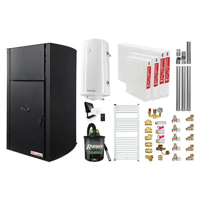 Set control de la distanta, Centrala pe peleti Fiama Confort B 25 kw, Pompa, Vas expansiune, Automatizare, Radiatoare otel, Boiler, Termostat, Aspirator, Kit evacuare 3.5 ml si Fitinguri montaj