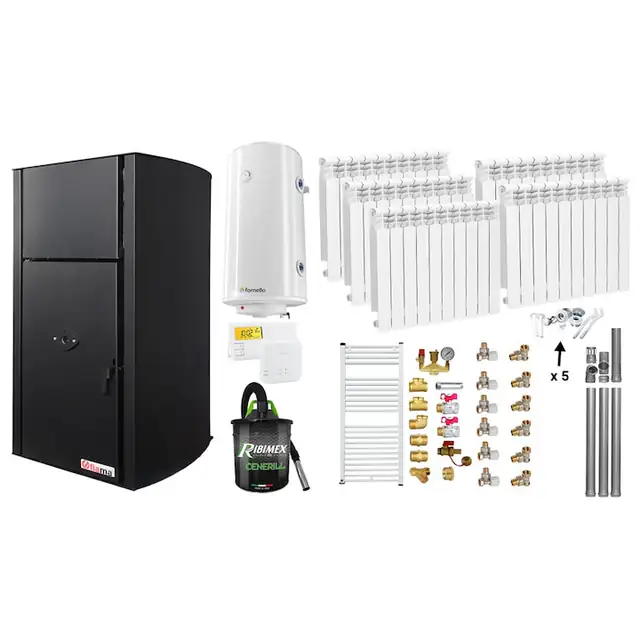 Set Centrala pe peleti Fiama Confort B 25 kw, Pompa, Vas expansiune, Automatizare, Calorifere aluminiu, Boiler 100 litri, Termostat, Aspirator, Kit 3.5 ml si Fitinguri montaj