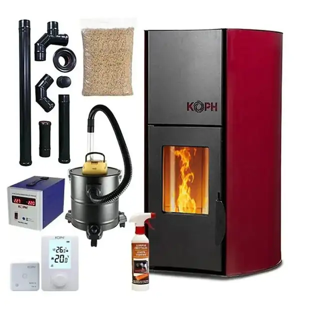 Pachet termosemineu cu peleti KOPH PM 25 kW Fiama, 170 mp, buncar peleti 25 kg, diametru cos fum ⌀80 mm, pompa recirculare si vas expansiune incorporate, Bordo