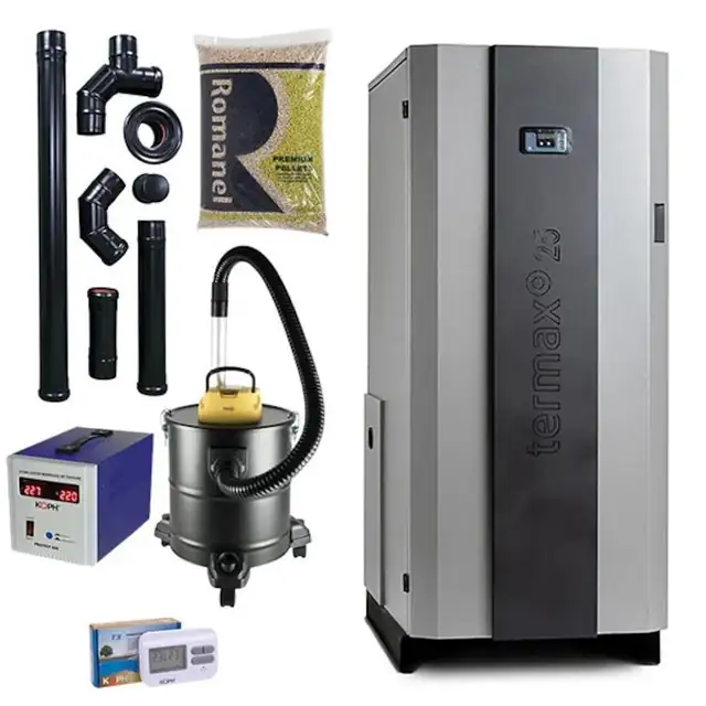 Pachet centrala cu peleti Termax Compact 25 kW, 170 mp, buncar peleti 75 kg, volum apa 60 litri, diametru cos fum ⌀80 mm, vas expansiune si pompa recirculare incluse
