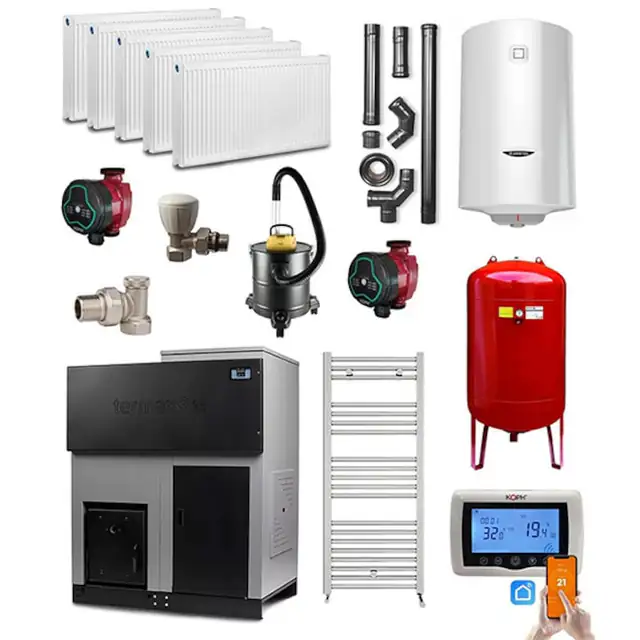 Pachet centrala cu peleti Termax ECO GRI 35 kW, 220 mp, buncar peleti 130 kg, volum apa 95 litri, diametru cos fum ⌀80 mm, Calorifere, Pompe Recirculare, Boiler termoelectric 100 litri, Vas expansiune 50 litri, Termostat inteligent KOPH CT 99