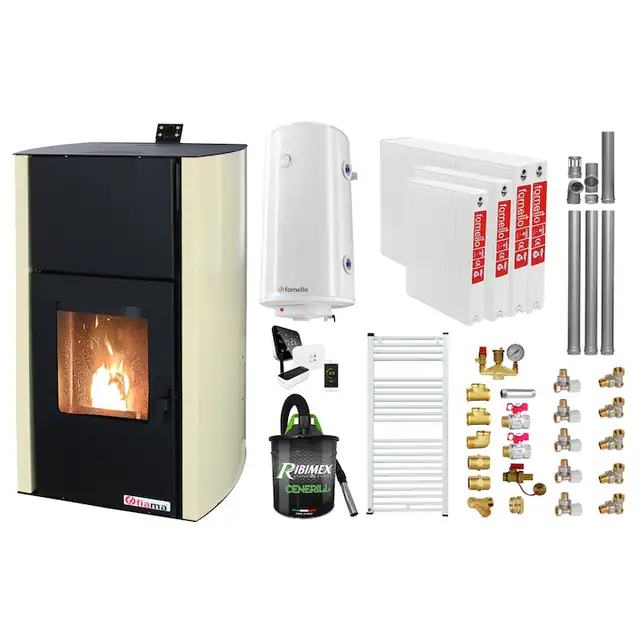 Set control de la distanta Termosemineu pe peleti Fornello Fiama Confort 30 kW, pompa, vas expansiune, automatizare, radiatoare otel, boiler, termostat, aspirator, kit evacuare 3.5 ml, fitinguri, buncar 35 kg, culoare crem, pana la 200 mp