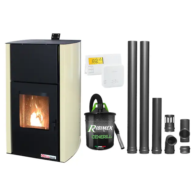 Set Termosemineu pe peleti Fornello Fiama Confort 30 kW, cu pompa, vas expansiune, automatizare, termostat, aspirator, kit evacuare 2.5 ml, buncar 35 kg, tiraj fortat, culoare crem, pana la 200 mp