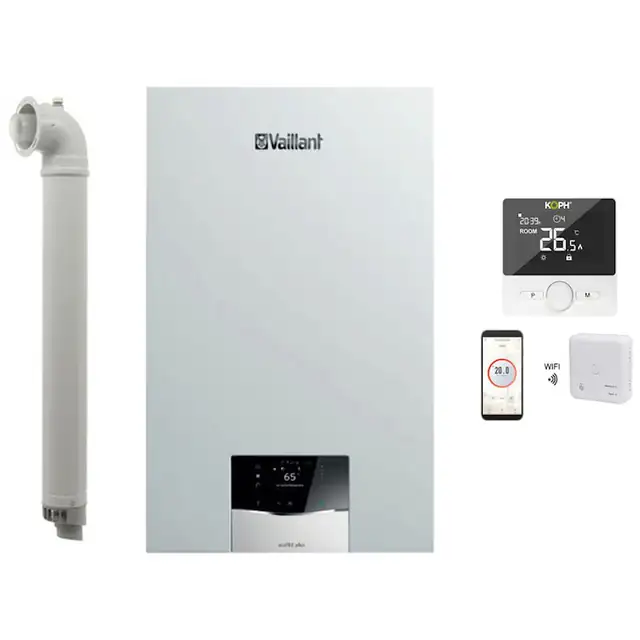 Pachet Centrala termica pe gaz in condensare Vaillant ecoTEC plus VUW 32CS/1-5, 27 kW, incalzire si ACM, Kit de evacuare inclus si Termostat inteligent KOPH WT-25 pentru centrale termice, WIFI, control prin aplicatie