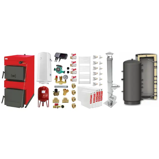 Set Centrala pe combustibil solid Burnit Sunsystem NWB 35 kW, puffer 1000 litri, 6 radiatoare, boiler termoelectric 100 litri, cos inox 200 mm