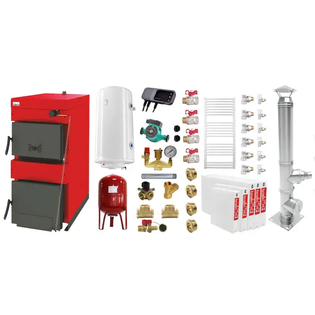 Set Centrala pe combustibil solid ​Sunsystem Burnit NWB 45 kW, cos inox, calorifere, boiler termoelectric, vas expansiune, pompa circulare, controller pompa, fitinguri montaj