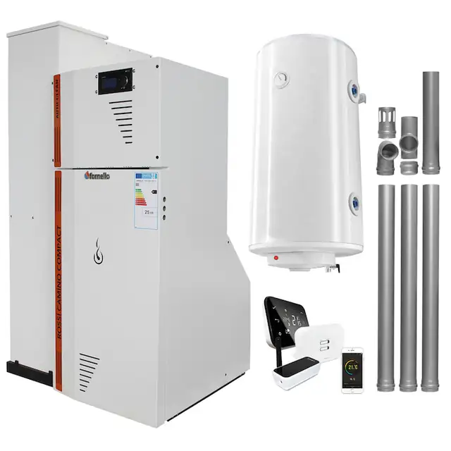 Pachet Centrala termica compacta pe peleti Fornello Rossi Camino Compact Automatic 25 kw, boiler, kit evacuare, pompa de circulatie, vas expansiune, tiraj fortat, curatare automata a arzatorului si a drumurilor de fum, Ecodesign, A+