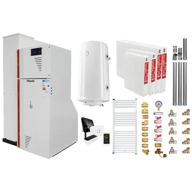 Pachet Centrala termica compacta pe peleti Fornello Rossi Camino Compact Automatic 25 kw, calorifere, boiler, termostat, kit evacuare, fitinguri, pompa de circulatie, vas expansiune, tiraj fortat, curatare automata a arzator si drumuri de fum, Ecode