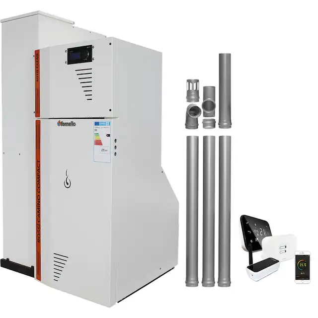 Pachet Centrala termica compacta pe peleti Fornello Rossi Camino Compact Automatic 25 kw, termostat, kit evacuare, pompa de circulatie, vas expansiune, tiraj fortat, curatare automata a arzatorului si a drumurilor de fum, Ecodesign, A+