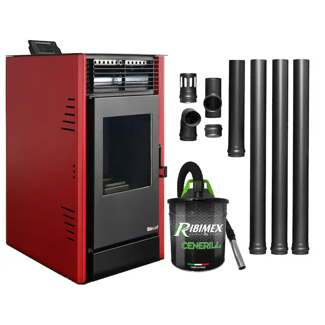 Pachet Semineu pe peleti cu aer cald Fiama Fuoco 8 kw, aprindere electrica, tiraj fortat, wifi, focar din fonta, recomandat pentru 75 mp, Bordeaux, Kit evacuare 2.5