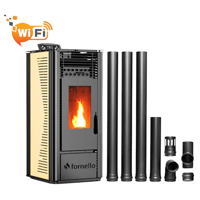 Pachet pentru incalzire format din Semineu (soba) pe peleti cu tiraj fortat Fornello SOPHIA WI-FI 11 kw, kit de evacuare 3, 5 metri, telecomanda, Wi-fi, culoare Ivory