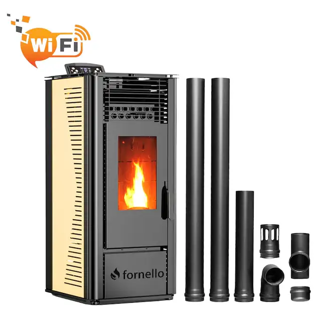 Pachet pentru incalzire format din Semineu (soba) pe peleti cu tiraj fortat Fornello SOPHIA WI-FI 11 kw, kit de evacuare 2, 5 metri, telecomanda, Wi-fi, culoare Ivory