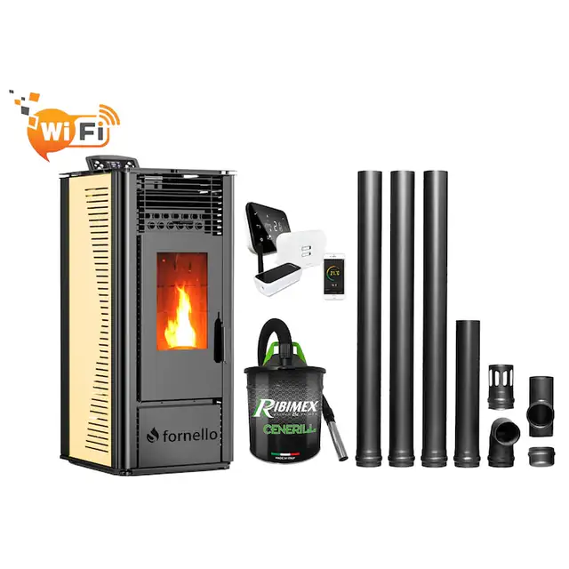 Set complet pentru incalzire cu control de la distanta format din Semineu (soba) pe peleti cu tiraj fortat Fornello SOPHIA WI-FI 11 kw, termostat Salus IT 500, aspirator, kit de evacuare 3, 5 metri, telecomanda, Wi-fi, culoare Ivory