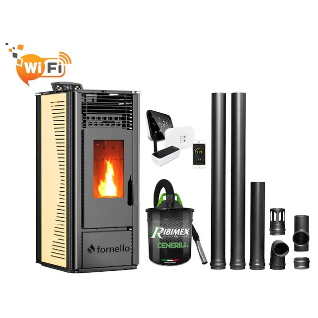 Set complet pentru incalzire cu control de la distanta format din Semineu (soba) pe peleti cu tiraj fortat Fornello SOPHIA WI-FI 11 kw, termostat Salus IT 500, aspirator, kit de evacuare 2, 5 metri, telecomanda, Wi-fi, culoare Ivory