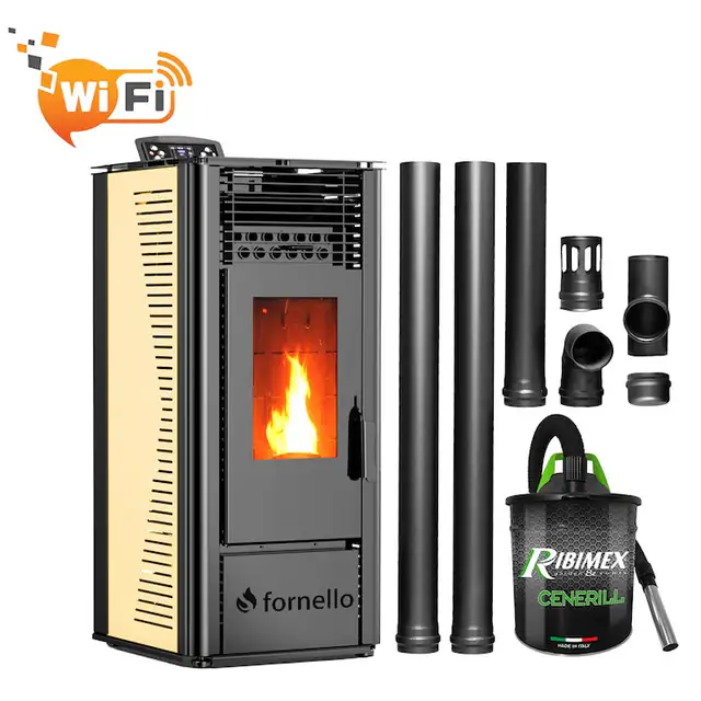 Set pentru incalzire format din Semineu (soba) pe peleti cu tiraj fortat Fornello SOPHIA WI-FI 11 kw, aspirator, kit de evacuare 2, 5 metri, telecomanda, Wi-fi, culoare Ivory