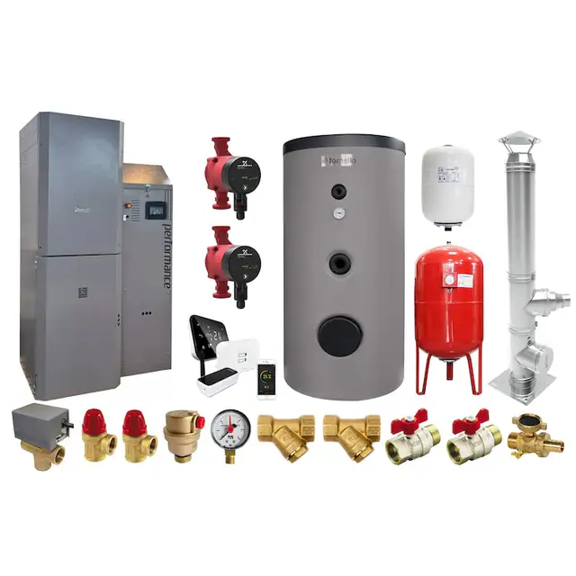 Set premium Centrala pe peleti Fornello Slimpel Automatic 40 kw, boiler, termostat control de la distanta, pompe electronice, vas expansiune termic si sanitar, vana deviatoare 3 cai, cos inox si fitiguri de baza
