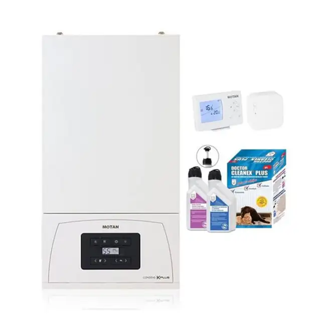 Pachet centrala termica pe gaz in condensare Motan Condens KPlus C38GC20V1, 20 kW, incalzire si ACM, Termostat wireless SENNA 270 RF si Kit rapid de curatare/protectie instalatii termice Doctor Cleanex Plus
