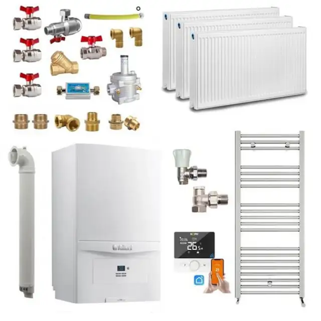 Set centrala termica pe gaz Vaillant ecoTEC pure VUW 286/7-2, 26.1 kW, termostat inteligent, calorifere, kit evacuare, kit armaturi montaj