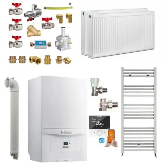 Set centrala termica pe gaz in condensare pentru apartament cu 1 camera, Vaillant ecoTEC pure VUW 236/7-2, 20.2 kW, Calorifere, Termostat inteligent, Set robineti, Kit evacuare inclus si Kit complet armaturi montaj