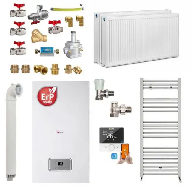 Pachet centrala termica pe gaz in condensare apartament cu 1 camera Saunier Duval Semia 25-A, 19, 1 kW, Calorifere, Termostat inteligent, Set robineti tur/retur, Kit evacuare inclus si Kit complet armaturi montaj