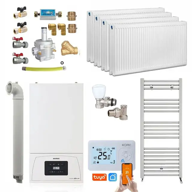 Set apartament cu 3 camere, Centrala termica pe gaz in condensare Motan Condens KPlus C38GC20V1, 20 kW, termostat wireless, kit evacuare inclus