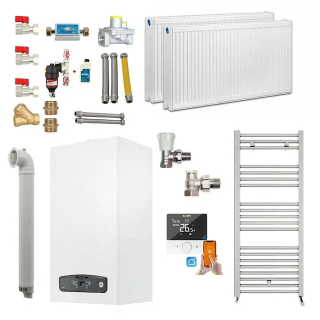 Set pentru apartament cu 1 camera, centrala termica in condensare Ariston Cares S 24 kW, Calorifere, Termostat Inteligent, Set robineti tur/retur, Kit evacuare inclus si Kit complet armaturi montaj