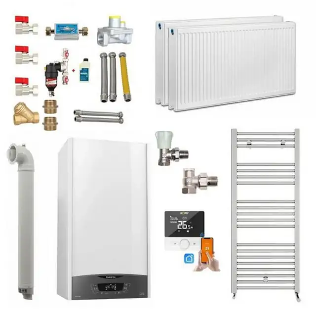Centrala termică Ariston Clas One WIFI 24 kW, Pachet complet pentru apartament 1 cameră, Calorifere, Termostat Inteligent