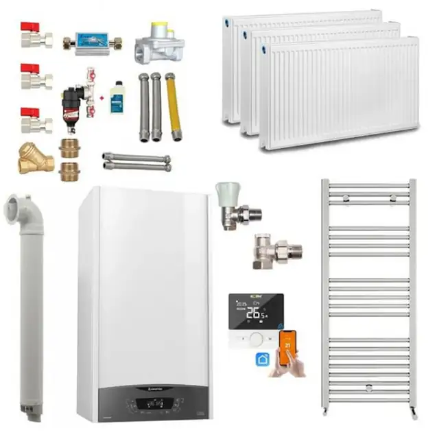 Centrala termică pe gaz în condensare Ariston Clas One WIFI 24 kW, set pentru apartament 2 camere, calorifere, termostat inteligent, kit evacuare inclus