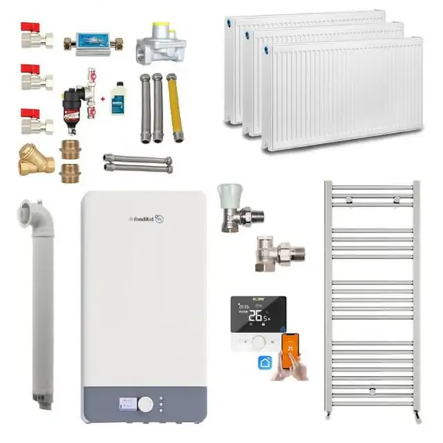 Kit centrala termica pe gaz in condensare Fondital Antea Next KC 26 kW, Calorifere, Termostat Inteligent, robineti calorifere, Kit evacuare inclus si Kit complet armaturi montaj