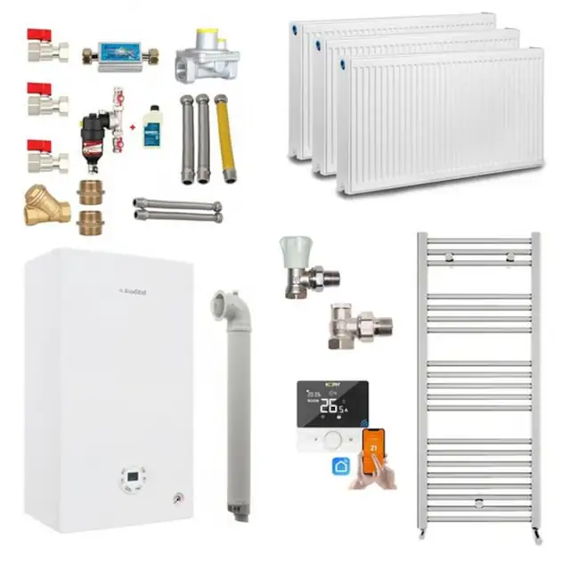 Kit centrala termica pe gaz apartament cu 2 camere, in condensare Fondital Tenerife KC 24 kW, Calorifere, Termostat Inteligent, Set robineti calorifere, Kit evacuare inclus si Kit complet armaturi montaj