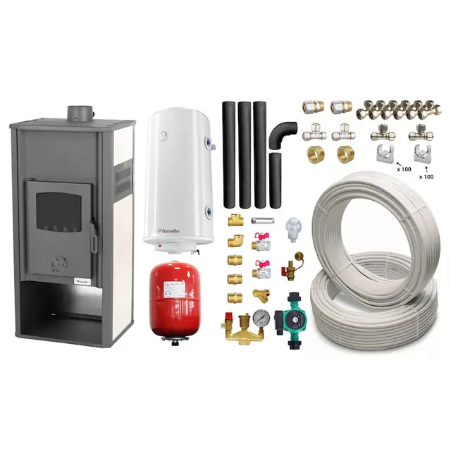 Set Termosemineu pe lemne, brichete si carbune Fornello Roma E, Ivory, 22 kW, 49x45x103 cm, boiler termoelectric 100l, teava, vas expansiune, pompa circulatie, kit evacuare si fitinguri