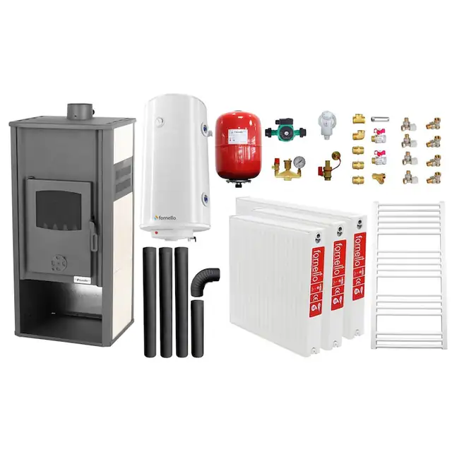 Set incalzire si apa calda pentru 2 camere Termosemineu pe lemne, brichete si carbune Fornello Roma E, Ivory, 22 kW, 49x45x103 cm, boiler termoelectric 100l, vas expansiune, pompa circulatie, kit evacuare, calorifere si kit montaj