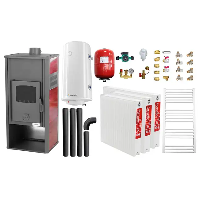 Set incalzire si apa calda pentru 2 camere Termosemineu pe lemne, brichete si carbune Fornello Roma E, 22 kW, 49x45x103 cm, boiler termoelectric 100l, vas expansiune, pompa circulatie, kit evacuare, calorifere si kit montaj