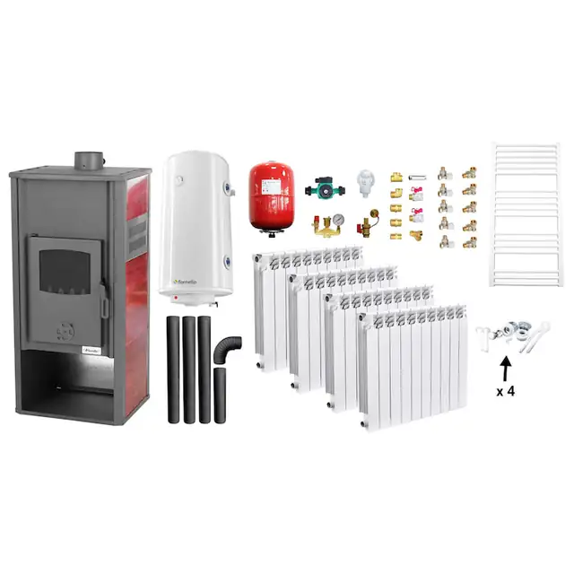 Set incalzire si apa calda Termosemineu pe lemne, brichete si carbune Fornello Roma E, Bordeaux, 22 kW, calorifere aluminiu Fornello Alvo, boiler termoelectric 100l, vas expansiune, pompa circulatie, kit evacuare kit montaj