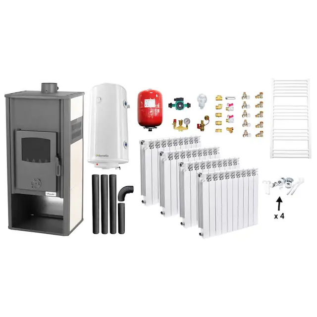 Set incalzire si apa calda Termosemineu pe lemne, brichete si carbune Fornello Roma E, Ivory, 22 kW, calorifere aluminiu Fornello Alvo, boiler termoelectric 100l, vas expansiune, pompa circulatie, kit evacuare kit montaj