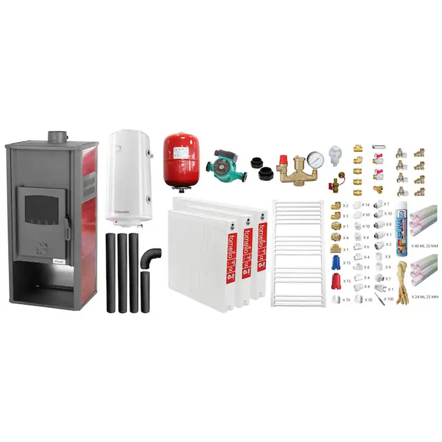 Set incalzire si apa calda pentru 2 camere Termosemineu pe lemne, brichete si carbune Fornello Roma E, 22 kW, 49x45x103 cm, teava PPR cu fitinguri, boiler termoelectric 100l, vas expansiune, pompa circulatie, kit evacuare, calorifere si kit montaj