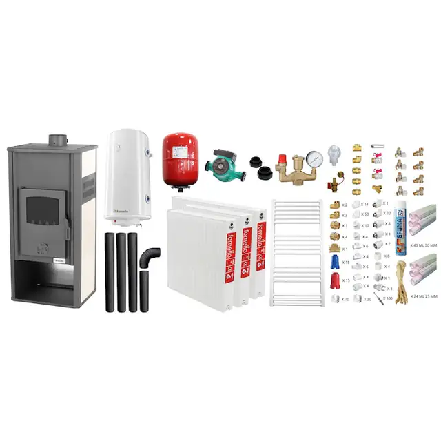 Set incalzire si apa calda pentru 2 camere Termosemineu pe lemne, brichete si carbune Fornello Roma E, Ivory, 22 kW, 49x45x103 cm, teava PPR si fitinguri, boiler termoelectric 100l, vas expansiune, pompa circulatie, kit evacuare, calorifere si kit