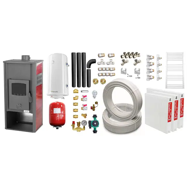 Set incalzire si apa calda pentru 2 camere Termosemineu pe lemne, brichete si carbune Fornello Roma E, 22 kW, 49x45x103 cm, teava, boiler termoelectric 100l, vas expansiune, pompa circulatie, kit evacuare, calorifere si fitinguri