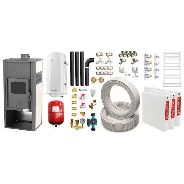 Set incalzire si apa calda pentru 2 camere Termosemineu pe lemne, brichete si carbune Fornello Roma E, Ivory, 22 kW, 49x45x103 cm, teava, boiler termoelectric 100l, vas expansiune, pompa circulatie, kit evacuare, calorifere si fitinguri