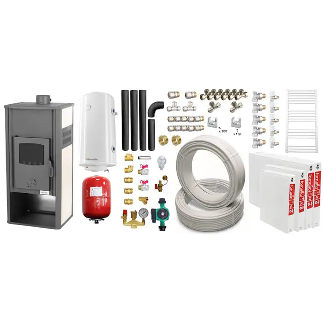 Set incalzire si apa calda pentru 3 camere Termosemineu pe lemne, brichete si carbune Fornello Roma E, Ivory, 22 kW, 49x45x103 cm, teava, boiler termoelectric 100l, vas expansiune, pompa circulatie, kit evacuare, calorifere si fitinguri