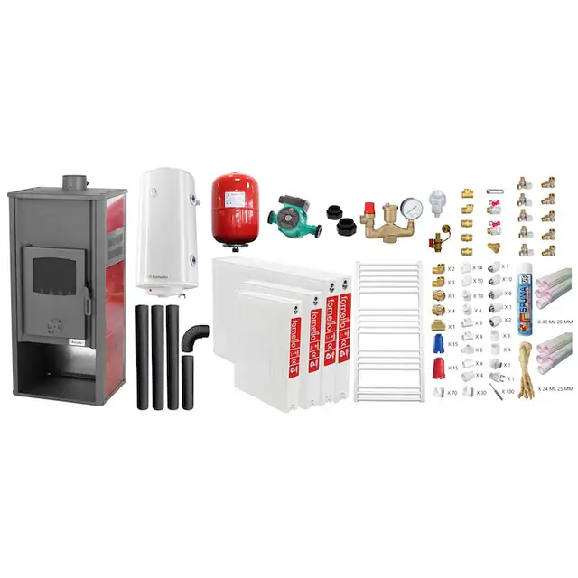 Set incalzire si apa calda pentru 3 camere Termosemineu pe lemne, brichete si carbune Fornello Roma E, Bordeaux, 22 kW, 49x45x103 cm, teava PPR si fitinguri, boiler termoelectric 100l, vas expansiune, pompa circulatie, kit evacuare, calorifere si kit m