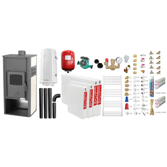 Set incalzire si apa calda pentru 3 camere Termosemineu pe lemne, brichete si carbune Fornello Roma E, Ivory, 22 kW, 49x45x103 cm, teava PPR si fitinguri, boiler termoelectric 100l, vas expansiune, pompa circulatie, kit evacuare, calorifere si kit