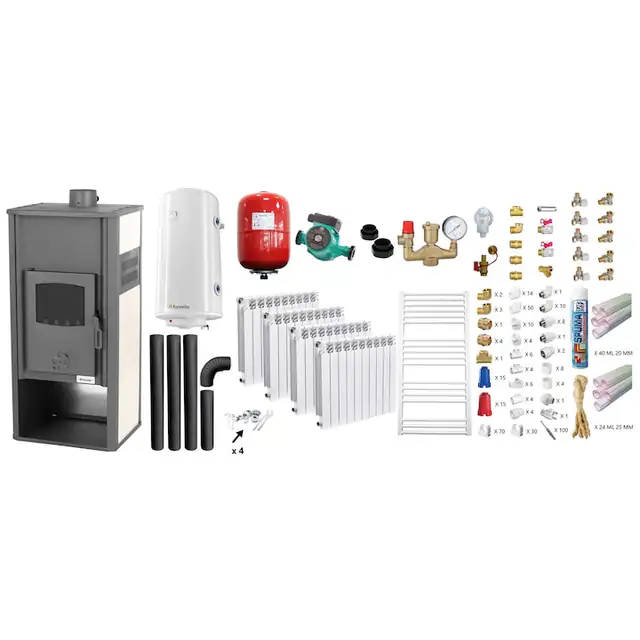 Set incalzire si apa calda Termosemineu pe lemne, brichete si carbune Fornello Roma E, Ivory, 22 kW, calorifere aluminiu Fornello Alvo, teava PPR si fitinguri, boiler termoelectric 100l, vas expansiune, pompa circulatie, kit evacuare kit montaj