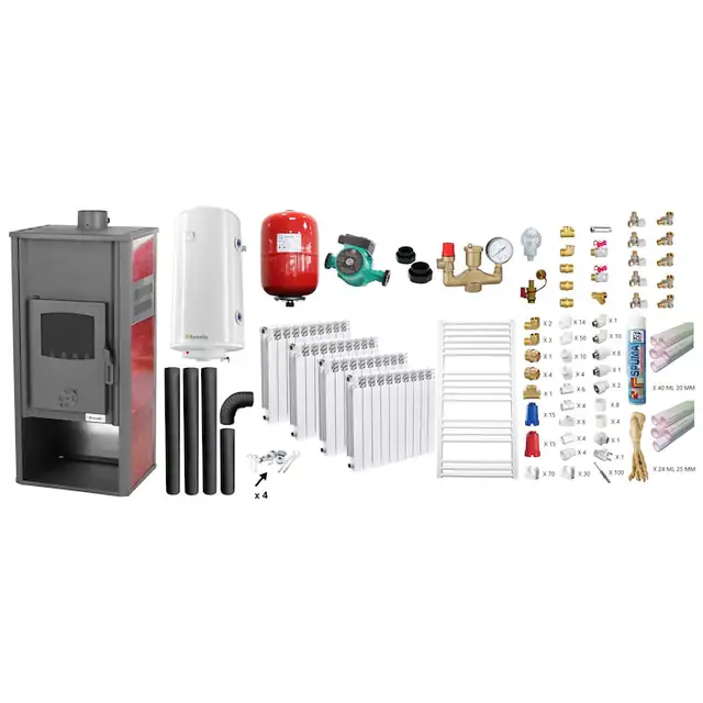 Set incalzire si apa calda Termosemineu pe lemne, brichete si carbune Fornello Roma E, Bordeaux, 22 kW, calorifere aluminiu Fornello Alvo, teava PPR si fitinguri, boiler termoelectric 100l, vas expansiune, pompa circulatie, kit evacuare kit montaj