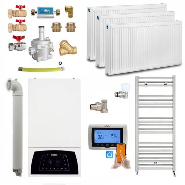 Centrala termica pe gaz in condensare Motan Condens Plus 100, 25 kW, 5 ani garantie + 2 ani extra, kit complet montaj, termostat wireless, calorifere