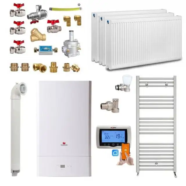 Centrala termica pe gaz in condensare Saunier Duval Semiatek 22.4 kW, Calorifere, Termostat inteligent, Set montaj complet, Pachet apartament 2 camere